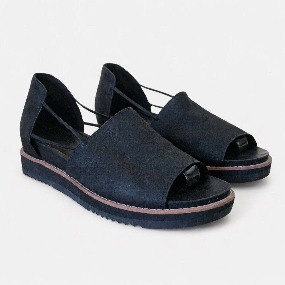 Eileen Fisher Womens Ken Tumbled Nubuck Sandal Sz 7.5 Black Leather Minimalist
